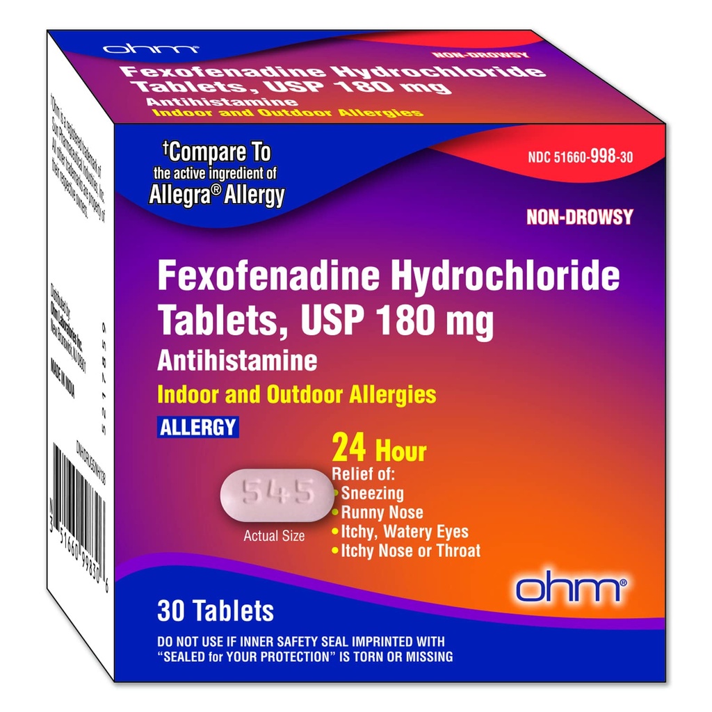 Ohm Ikke- Drowsy Fexofenadin Antihistamin Indendørs Allergi Relief Tablets 30ct