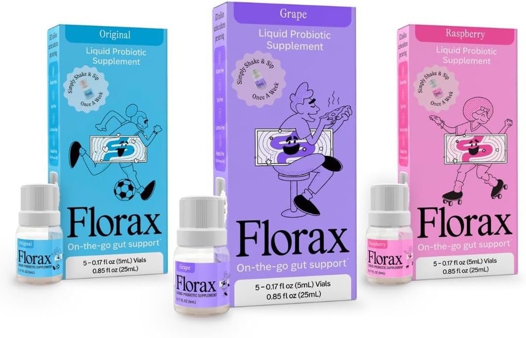 Florax - Flydende probiotisk - On- The- Go Gut Support til kvinder, mænd og børn - Flavor Bundle - 3 æsker med 5 hætteglas Hver