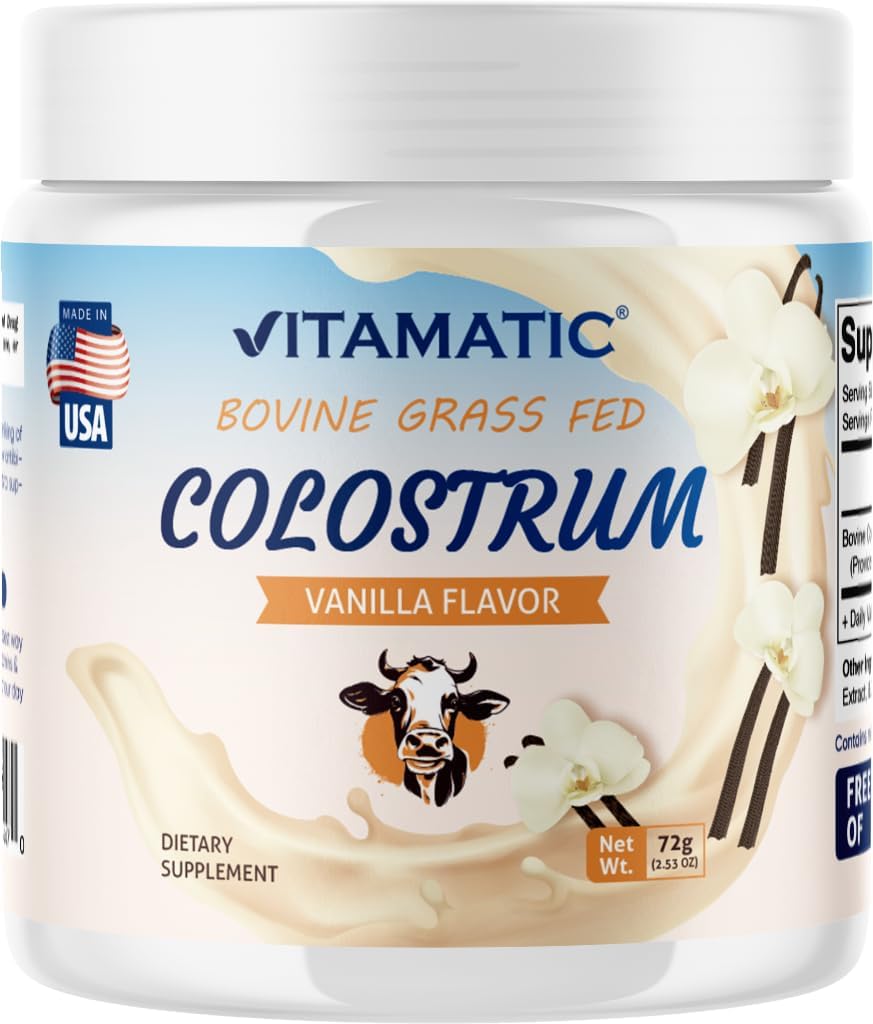 Vitamatic Bovine Colostrum 30% IgG Powder - Supplement for Gut sundhed, hårvækst, skønhed, muskel inddrivelse, & immunforsvar - Let at blande - 72 Gram (30 Servere, Vanilla Flavor)