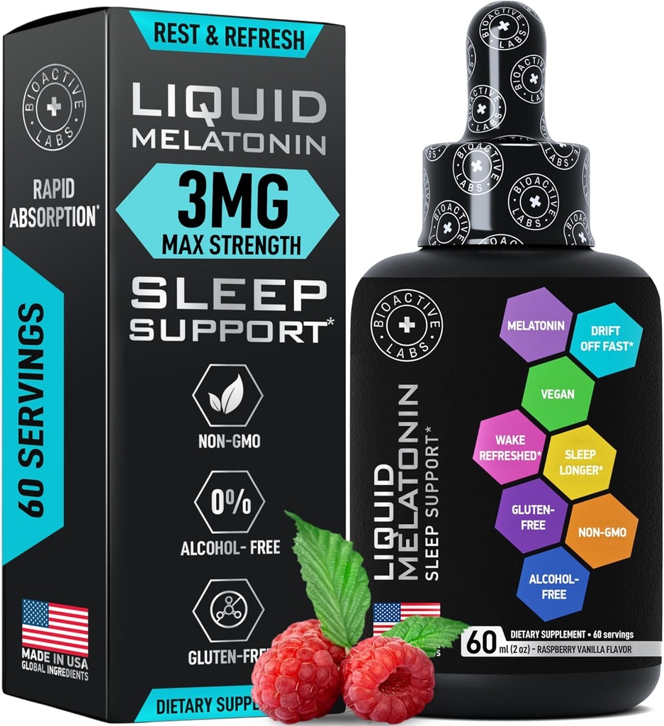 Flydende melatonin til voksne og børn - 3 mg ekstra styrke Sublingual flydende melatonin til børn og voksne - Sov hurtigt Liposomal Drops - Natural Raspberry Flavor Sleep Aid - 60ml