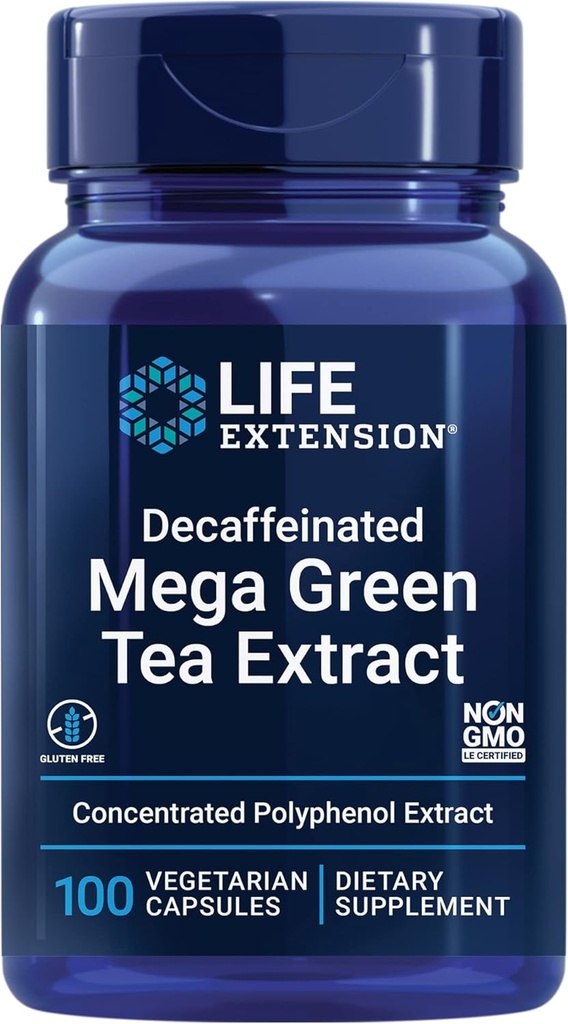 Life Extension Decafeated Mega Green Tea Extract - Polyphenol- Rich, Cell Health, Heart Health, Brain Health, Antioxidant Protection - Non- GMO, Gluten- Free, Vegetar - 100 Kapsler