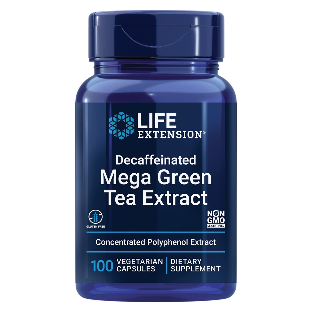Life Extension Decafeated Mega Green Tea Extract - Polyphenol- Rich, Cell Health, Heart Health, Brain Health, Antioxidant Protection - Non- GMO, Gluten- Free, Vegetar - 100 Kapsler