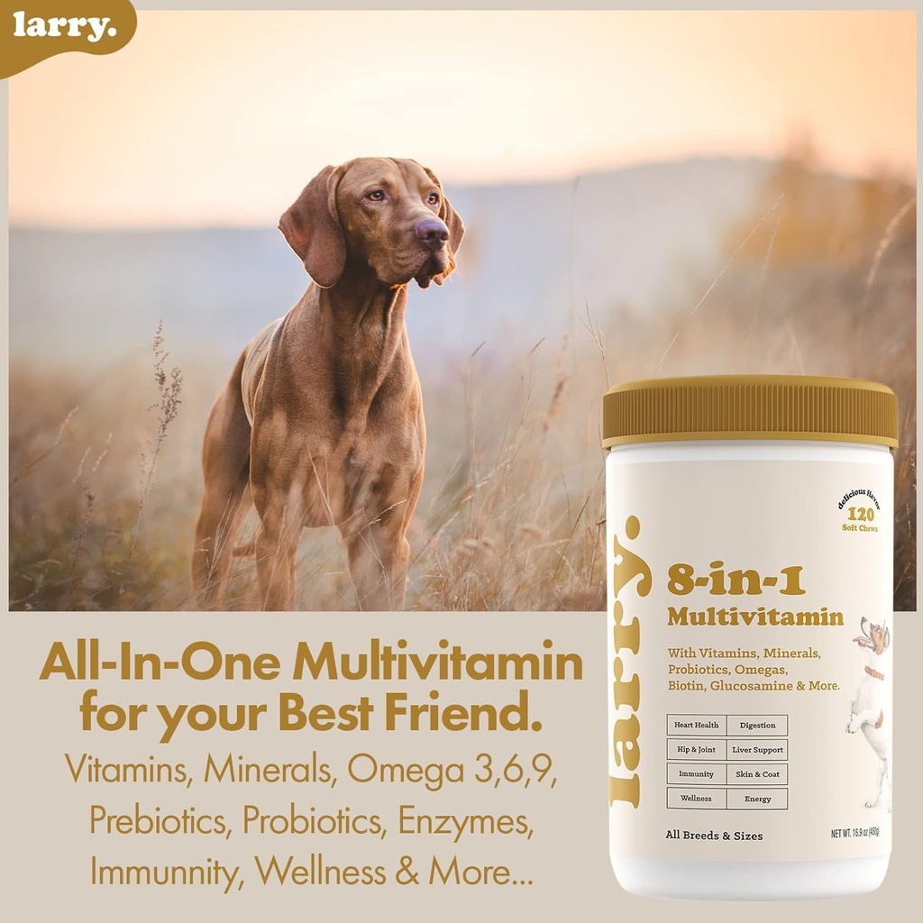 Larry 8- in-1 Multivitamin hund Buddy 124; hjerte, fordøjelse, lever, hud, Coat, & fælles støtte til hunde Buddy 124; Hunde Vitaminer med vitaminer, mineraler, Omegas, & Glucosamin Chondroitin Buddy 124; 60 bløde tykkere