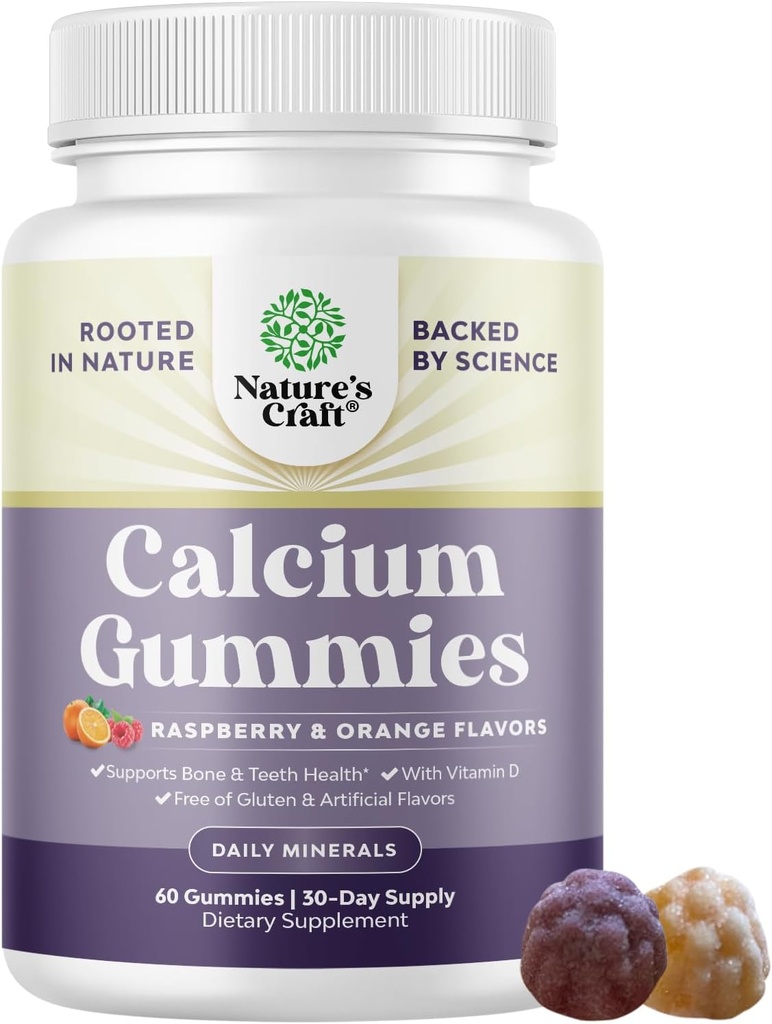 Høj Absorption Calcium Gummier med D3- vitamin - lækker Calcium 500 mg Gummies til voksne - Chewable og D-vitamin supplement til ben sundhed & immunforsvar Gelatin- Free 60ct (1 pakke)