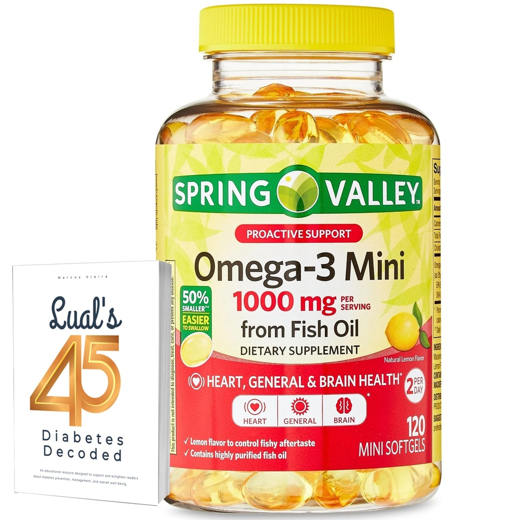 Spring Valley Omega-3 Mini fra Fish Oil 1000 mg, 120 Greve, Kosttilskud, Omega 3 Mini Softels Bundle med Lualls 45 Diabetes Decoded