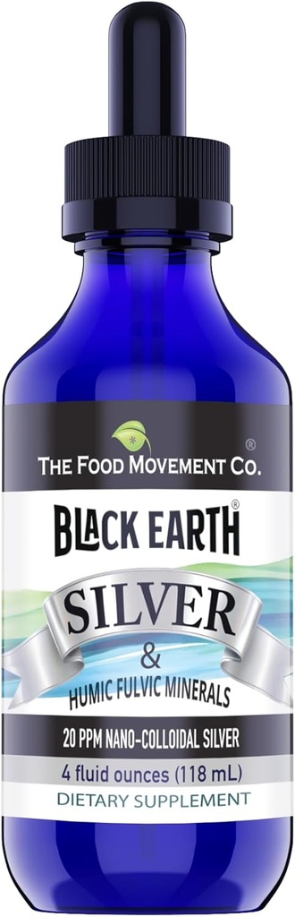 The Food Movement Co. Black Earth Silver 20ppm 4 oz Dropper - Vegan Kolloid Sølv Væske med Humic og Fulvic syrer og trace mineraler til fordøjelse, immunforsvar, og hele kroppen sundhed