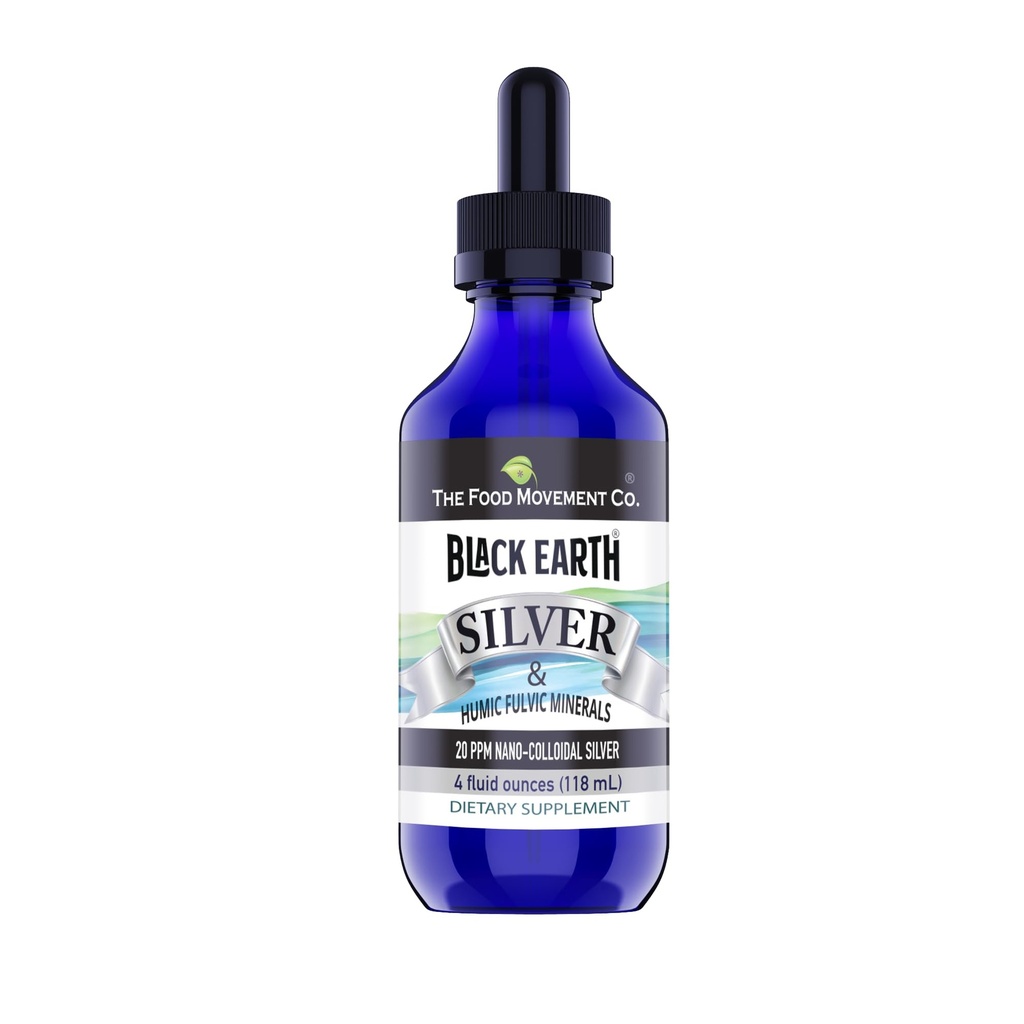 The Food Movement Co. Black Earth Silver 20ppm 4 oz Dropper - Vegan Kolloid Sølv Væske med Humic og Fulvic syrer og trace mineraler til fordøjelse, immunforsvar, og hele kroppen sundhed