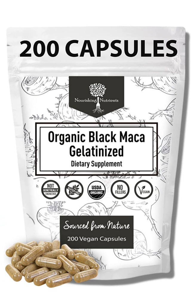 Organic Gelatinized Black Maca - 3X stærkere 200 kapsler til mænd og kvinder, Natural Energy Supplement for Focus, Performance, Stamina & Endurance, Mood Enhancement og Stabilitet, Mental Klarhed 1000mg