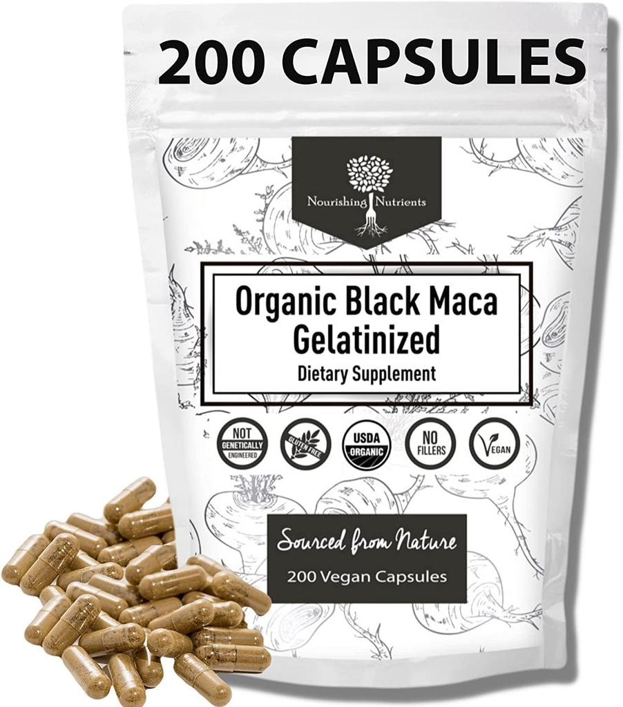 Organic Gelatinized Black Maca - 3X stærkere 200 kapsler til mænd og kvinder, Natural Energy Supplement for Focus, Performance, Stamina & Endurance, Mood Enhancement og Stabilitet, Mental Klarhed 1000mg