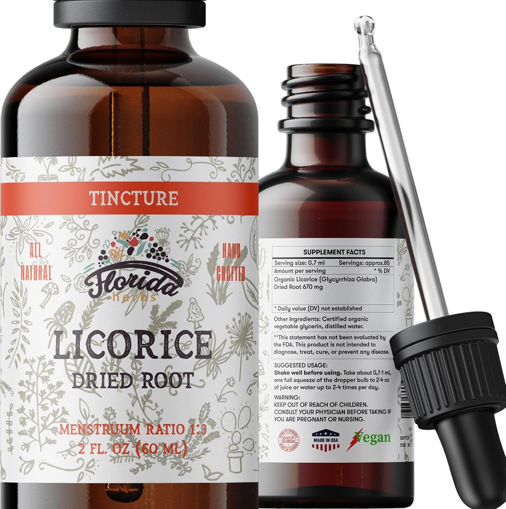 Lakrids Tinktur, Organic Lakrids Extract (Glycyrrhiza Glabra) Tørret rod, Urtetilskud, Non- GMO i koldtpresset økologisk vegetabilsk glycerin 2 oz, 670 mg