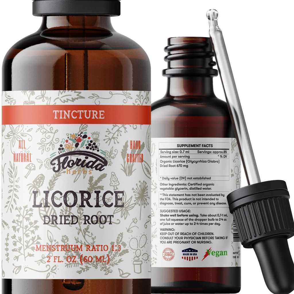 Lakrids Tinktur, Organic Lakrids Extract (Glycyrrhiza Glabra) Tørret rod, Urtetilskud, Non- GMO i koldtpresset økologisk vegetabilsk glycerin 2 oz, 670 mg