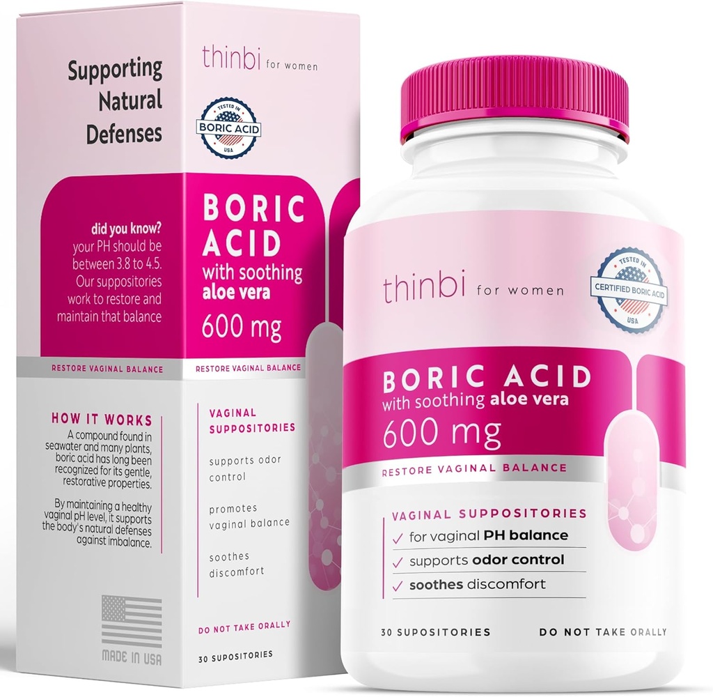 Thinbi Boric Acid Supposites for Women w / Aloe Vera - BV Treatment & PH Balance for vaginose Treatment - to Support Intimate Health w / Clinically Studied Boric Acid 30 Count