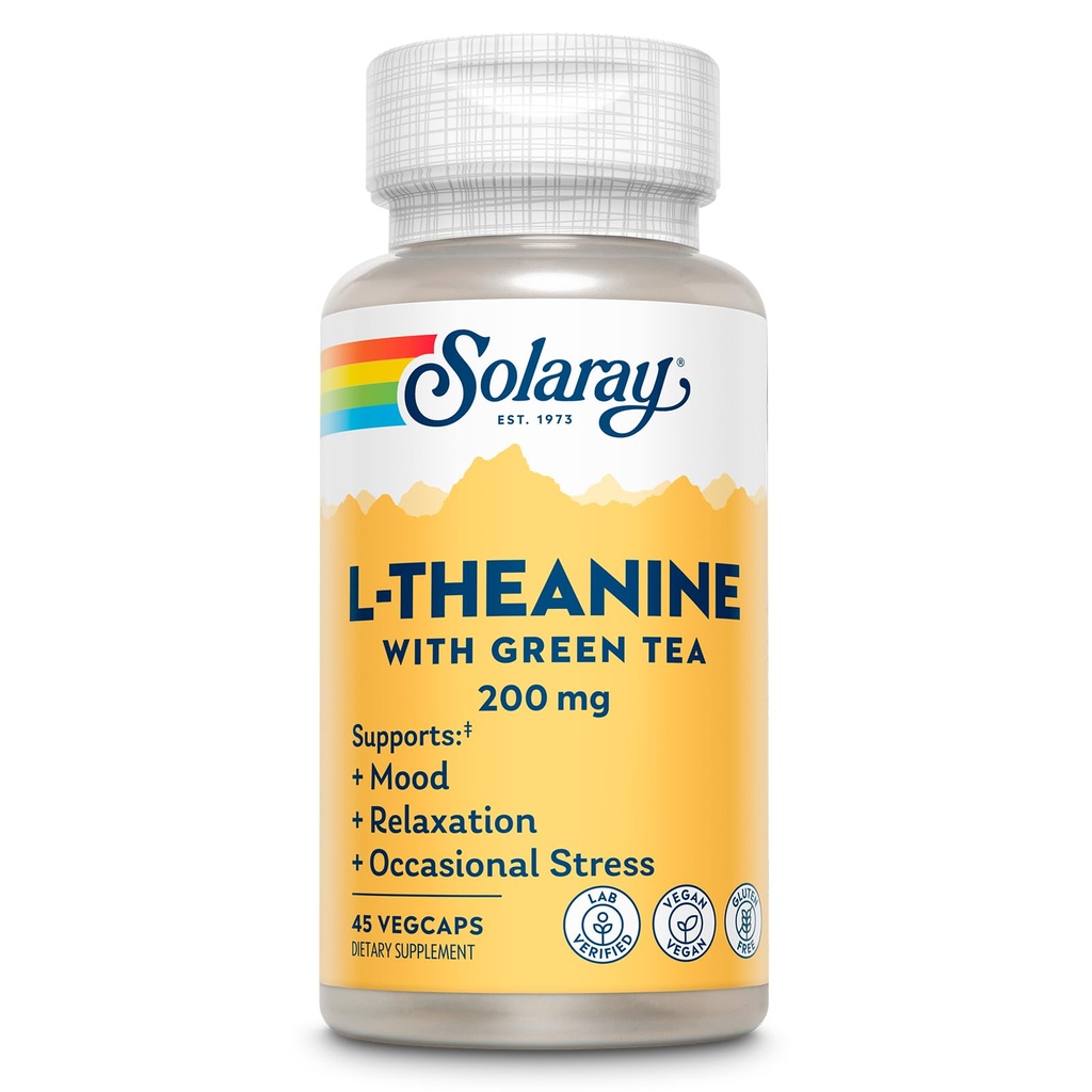 SOLARAY L- Theanine 200mg med grøn te - sund mad, afslapning og lejlighedsvis stress support - Lab Verified, Vegan, Gluten Free - 45 Servere, 45 VegCaps