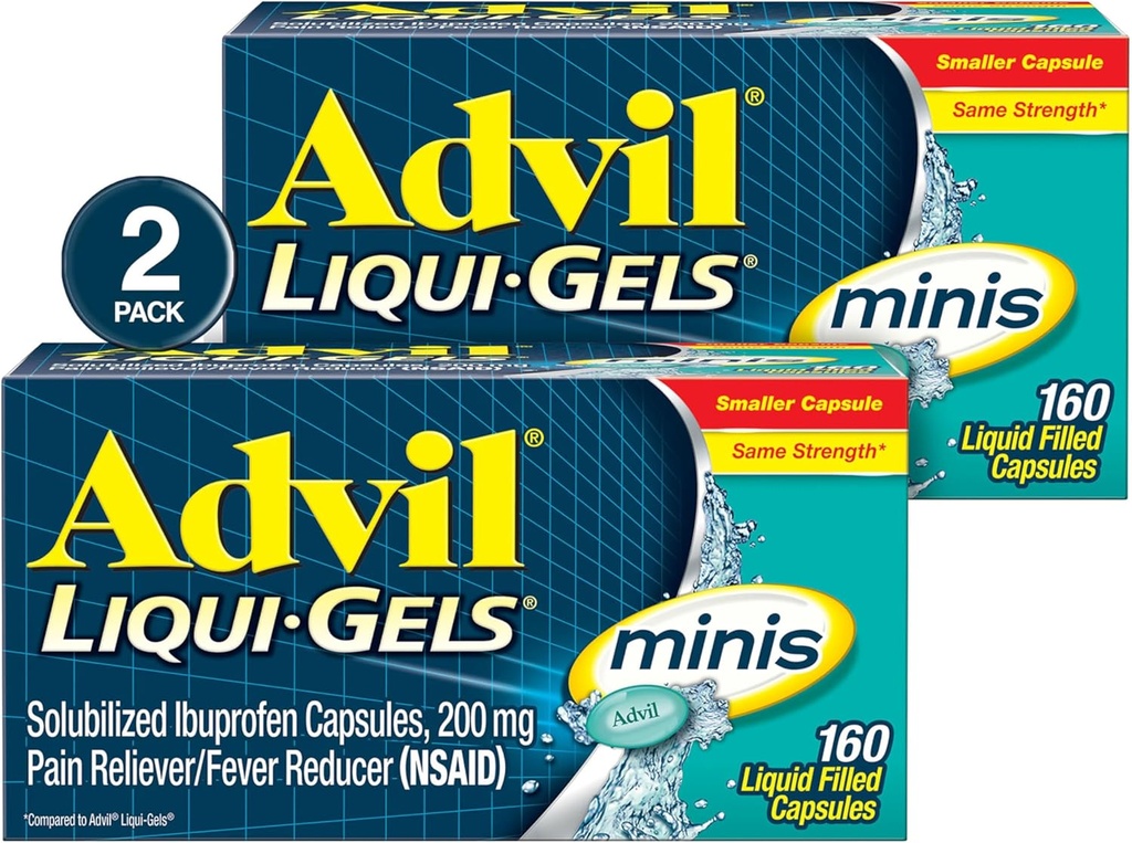 Advil Liqui- Gels minis Smerte Reliever og Fever Reducer, Smertemedicin for voksne med Ibuprofen 200mg for smertelindring - 2x160 Væske fyldte kapsler