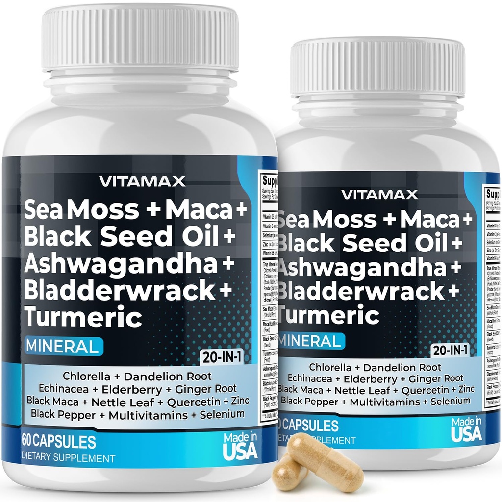 Sea Moss, Maca, Black Seed Oil, Ashwagandha, Bladderwrack, Gurkemeje - Elderberry, Vitamin C & D3, Mælkebøtte & Sort Pepper - Made in USA- 120ct