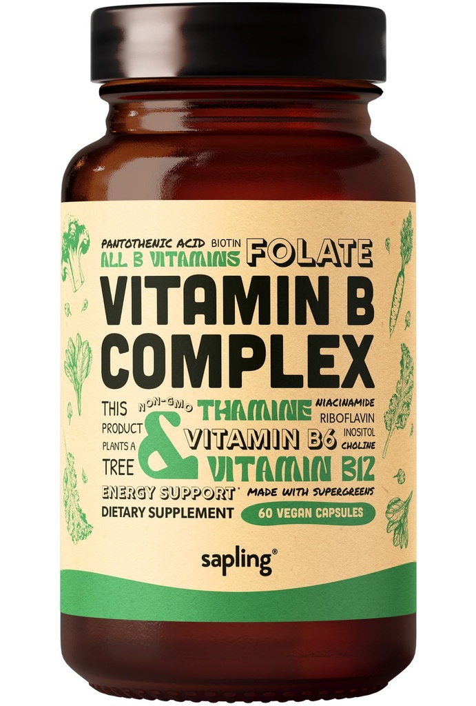 sapling Vegan Vitamin B Complex - Whole Food Blend with Essential B Vitamin B1, B2, B3, B5, B6, B7, Folate, B12- 60 Caps