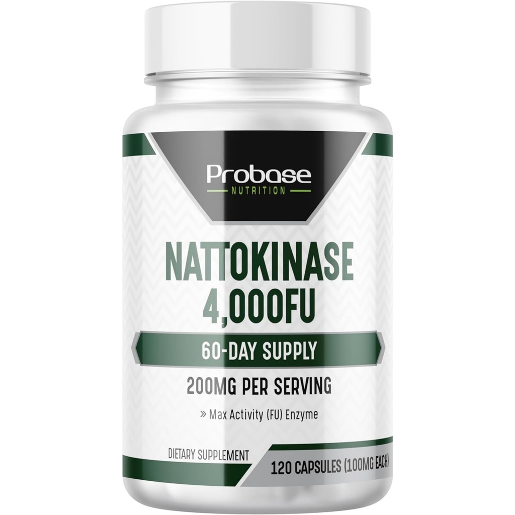 Probase Nutrition Nattokinase Supplement 4.000 FU Serveringer, 120 Kapsler (afledt fra japansk Natto) Systemiske enzymer til kardiovaskulær og kredsløbsstøtte