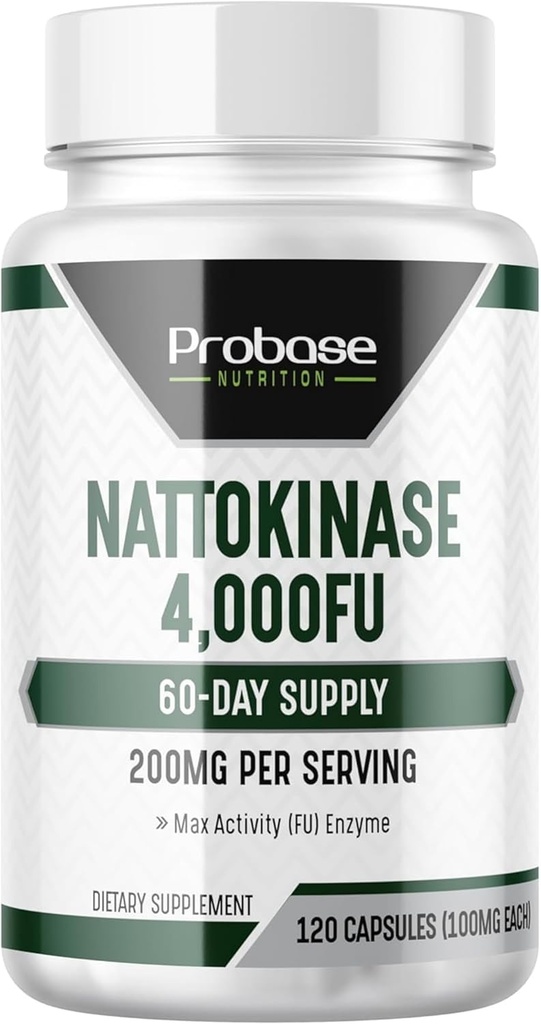 Probase Nutrition Nattokinase Supplement 4.000 FU Serveringer, 120 Kapsler (afledt fra japansk Natto) Systemiske enzymer til kardiovaskulær og kredsløbsstøtte