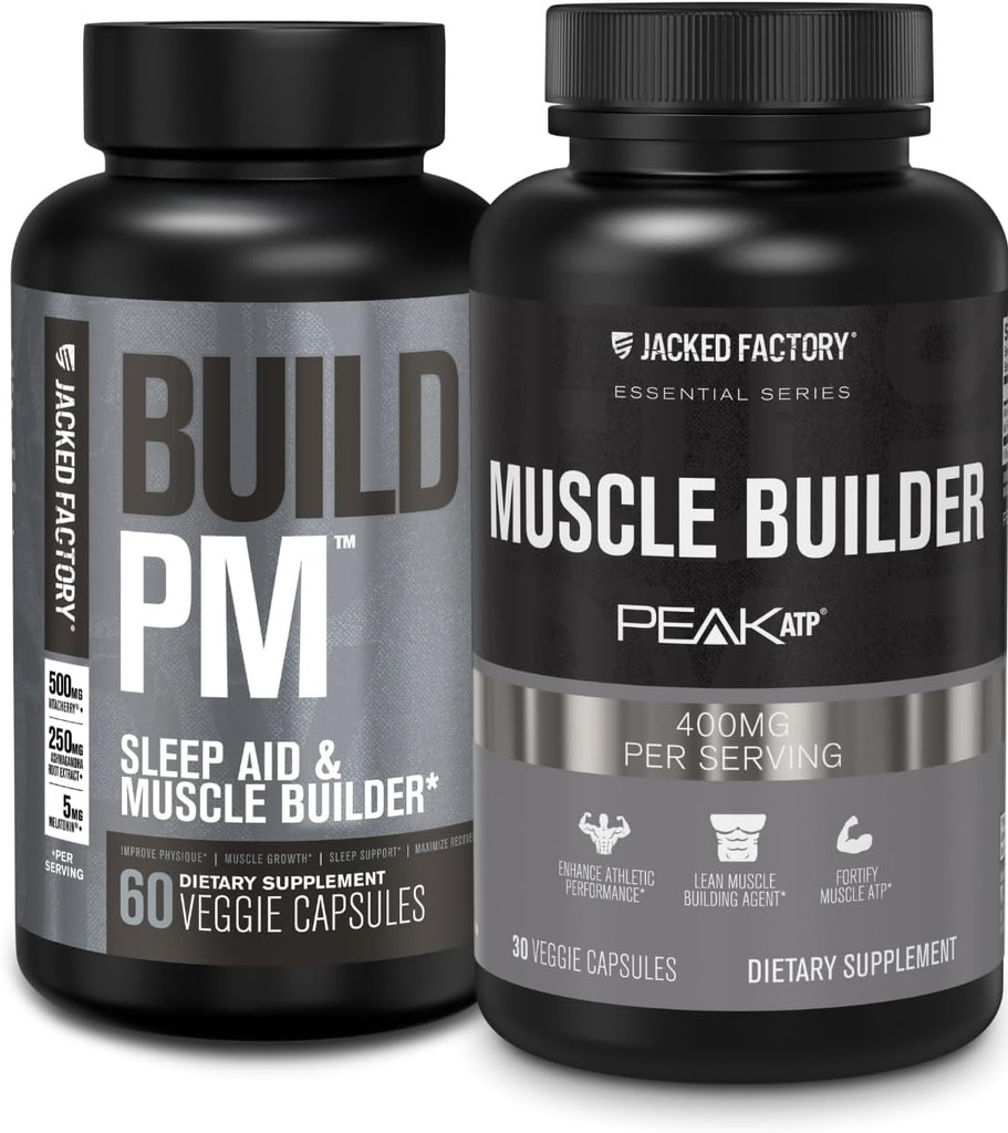 Jacked Factory Build PM Night Time Muscle Builder & Sleep Aid (60 kapsler) & Essentials Muscle Builder - Daglig styrke Builder for mænd med Peak ATP (30 kapsler)