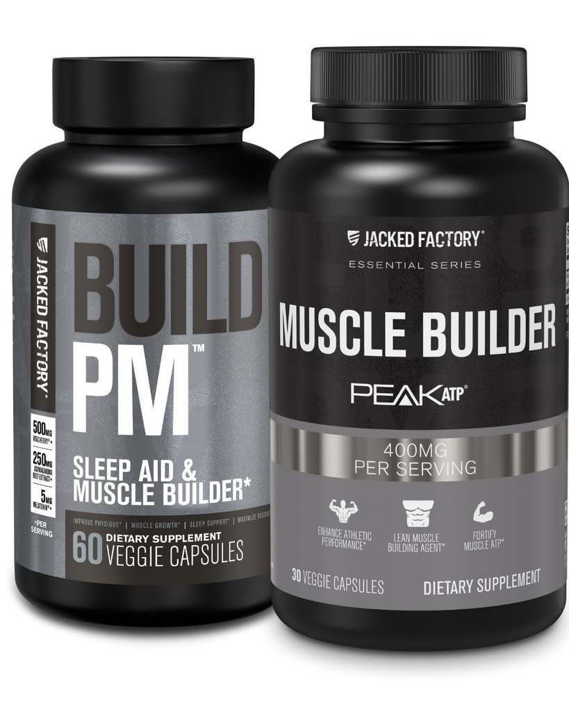 Jacked Factory Build PM Night Time Muscle Builder & Sleep Aid (60 kapsler) & Essentials Muscle Builder - Daglig styrke Builder for mænd med Peak ATP (30 kapsler)