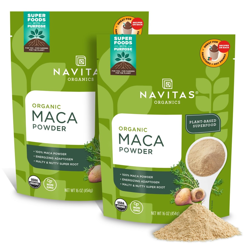 Navitas Organics Maca Powder, 16oz. (2-Pack), 181 Servering - Organic, Non-Gmo, Low Temp- Tørret, Gluten- Free, Light Brown