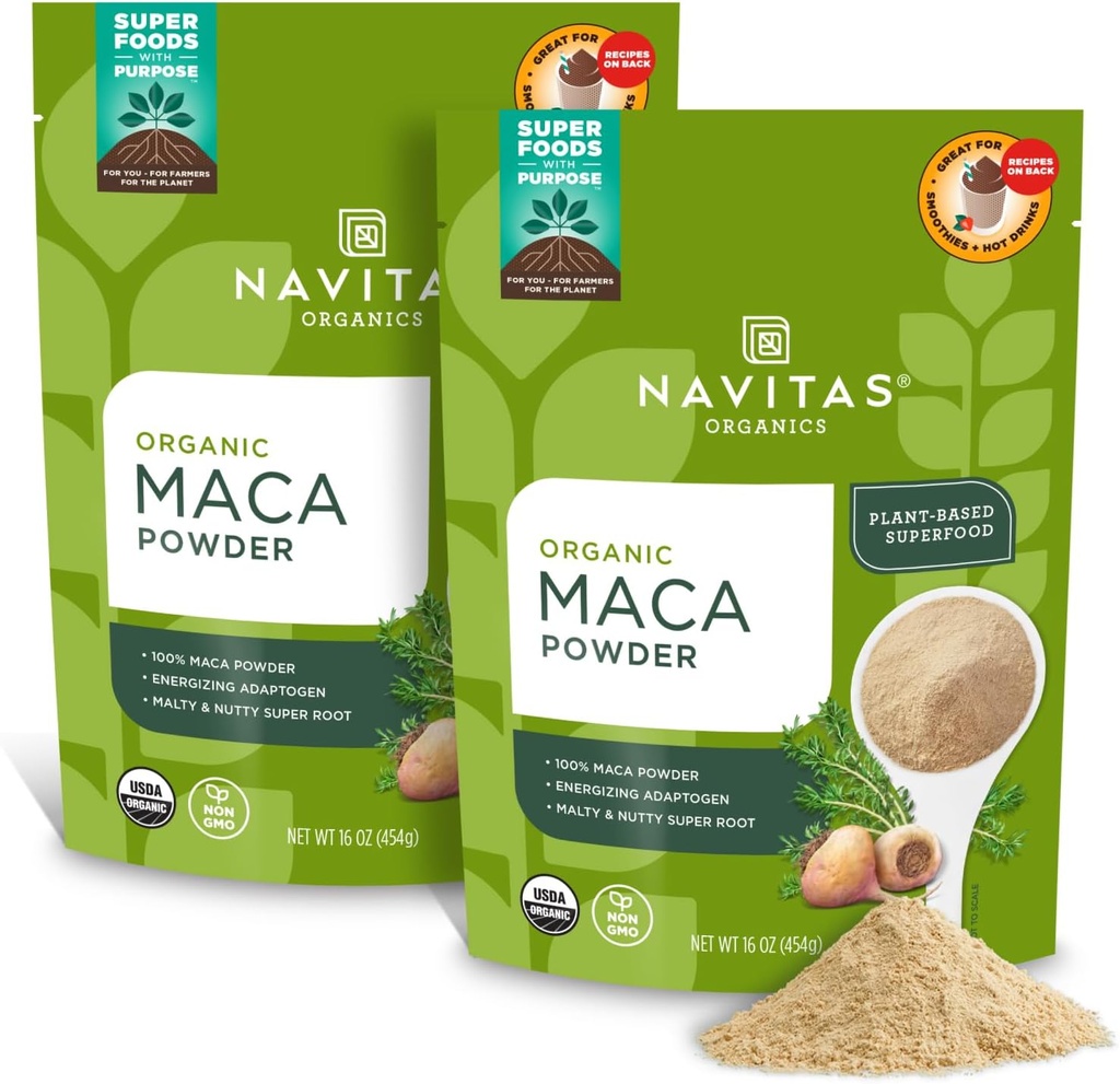 Navitas Organics Maca Powder, 16oz. (2-Pack), 181 Servering - Organic, Non-Gmo, Low Temp- Tørret, Gluten- Free, Light Brown