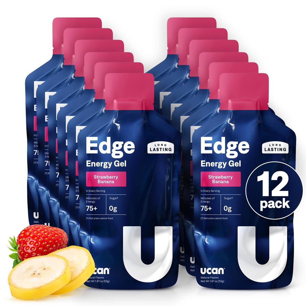 UCAN Edge Energy Gel Shots, Strawberry Banana (12, 2 Ounce Packets) til løb, Træning, Træning, Fitness, Cykling, Crossfit Budd124; Sugar- Free, Vegan, & Keto Friendly Energy