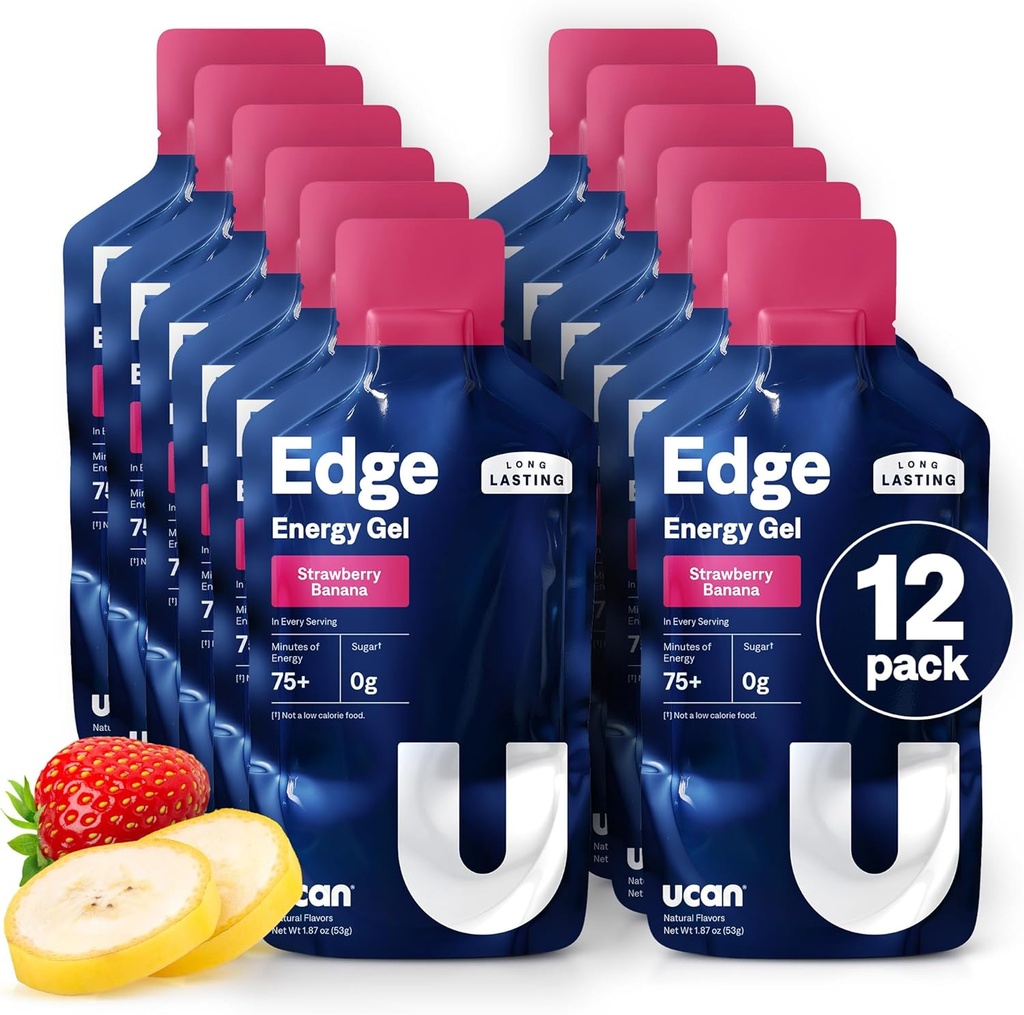 UCAN Edge Energy Gel Shots, Strawberry Banana (12, 2 Ounce Packets) til løb, Træning, Træning, Fitness, Cykling, Crossfit Budd124; Sugar- Free, Vegan, & Keto Friendly Energy
