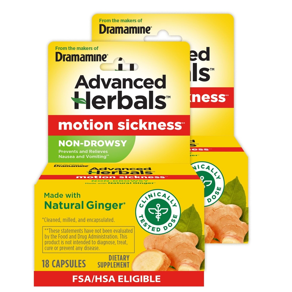 Fra Makers of Dramamin, Advanced Herbals, Non- Drowsy, Motion Syge Relief, Lavet med Natural Ingefær, 18 Greve, 2 Pack