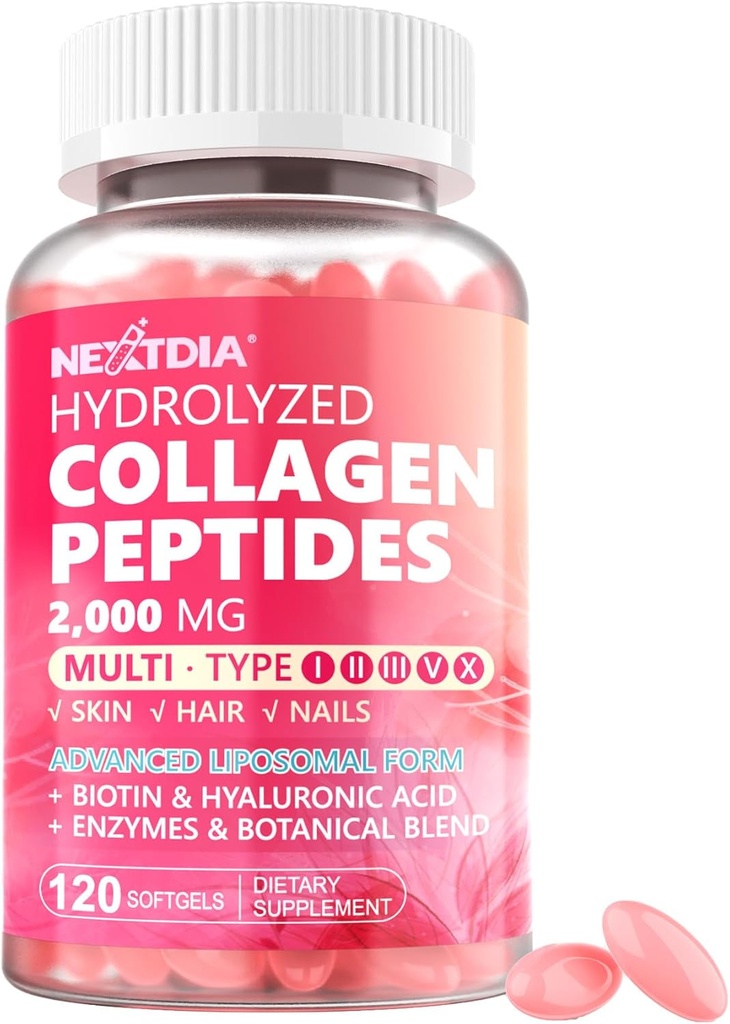 Hydrolyseret collagen peptidpiller til kvinder 2000mg Liposomal Form Type I, II, III, V, X for Optimal Absorption, Multi Collagen Softels, Collagen Kosttilskud med hår, hud & negle Vitaminer 120 Cts