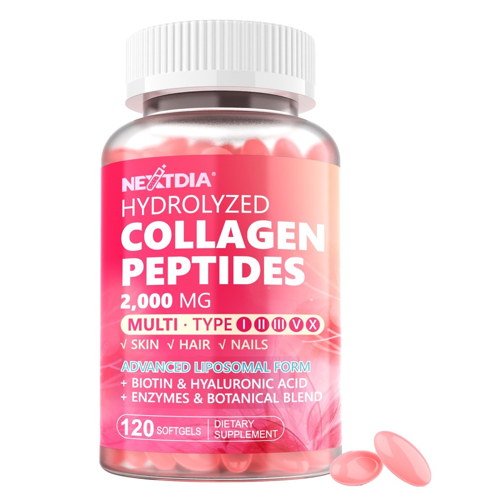 Hydrolyseret collagen peptidpiller til kvinder 2000mg Liposomal Form Type I, II, III, V, X for Optimal Absorption, Multi Collagen Softels, Collagen Kosttilskud med hår, hud & negle Vitaminer 120 Cts
