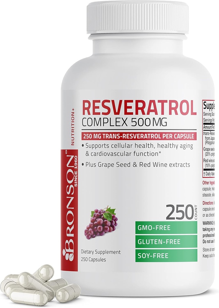 Bronson Resveratrol 500 Complex Standardized Trans- Resveratrol + Grape Seed & Red Wine Extract, 250 kapsler