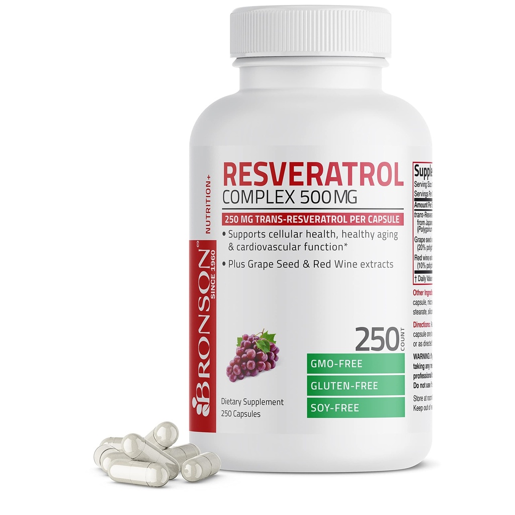Bronson Resveratrol 500 Complex Standardized Trans- Resveratrol + Grape Seed & Red Wine Extract, 250 kapsler