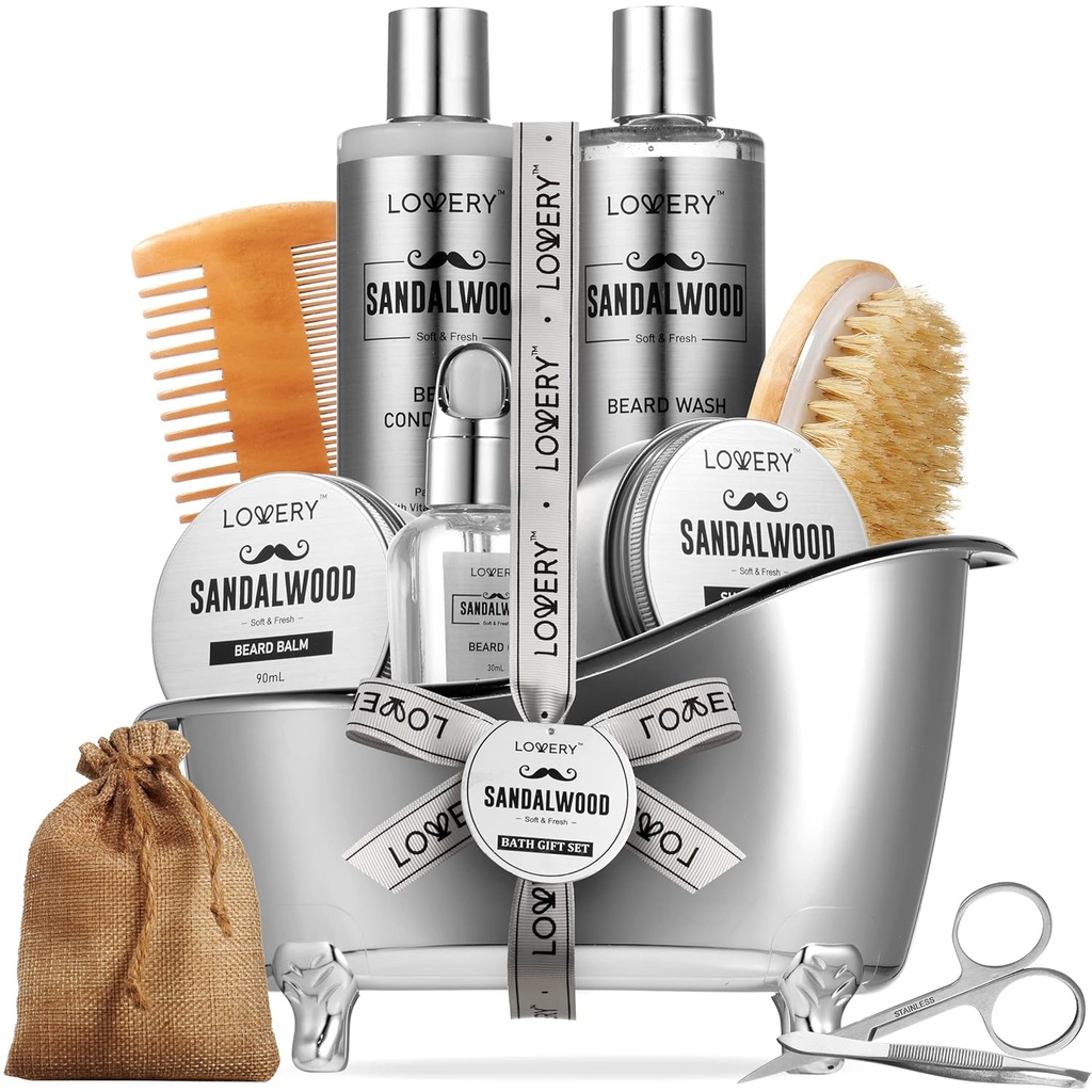 Herre Gaver, Sandalwood Beard Grooming Kit, Herre Grooming Kit for Kæreste far, Ham, 11pc Beard Straightener for Mænd Beard Care, Beard Growth og Trimming Gift, Beard Wash Growth Oil & mere