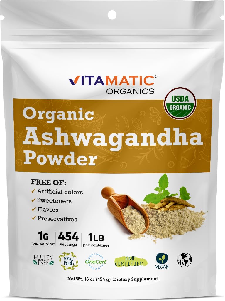 Vitamatisk certificeret USDA Organic Ashwagandha Powder - 1 LB (16 oz) Withania Somnifera Note 124; Ayurvedic adaptogen for Stress Relief, Energy, Mood & immunsupport