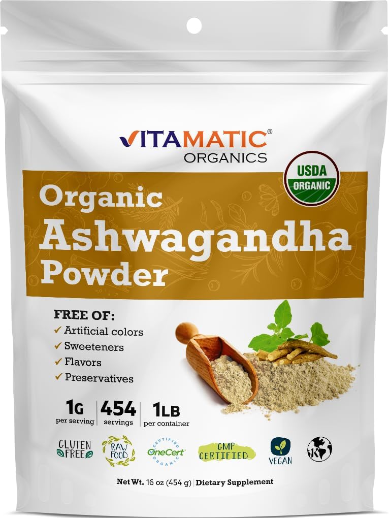 Vitamatisk certificeret USDA Organic Ashwagandha Powder - 1 LB (16 oz) Withania Somnifera Note 124; Ayurvedic adaptogen for Stress Relief, Energy, Mood & immunsupport