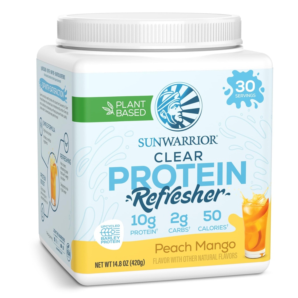 Sunwarrior Clear Protein Powder Plant- Based Water Mix, Vegan og genopfriskende Protein og Hydration Supplement 10g Per Servering Peach Mango Flavored 420g Tub 30 Servering