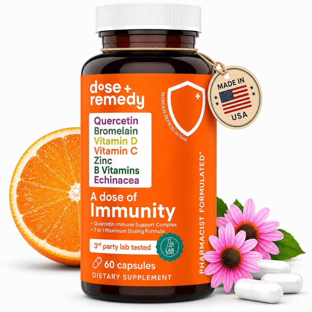 En dosis af Immunitet Quercetin med C-vitamin og zink, D-vitamin, 500mg Quercetin Bromelain med Echinacea & B-vitaminer, Lung immunsupport Supplement 7 i 1 Immunity Defense Booster (60 Greve)