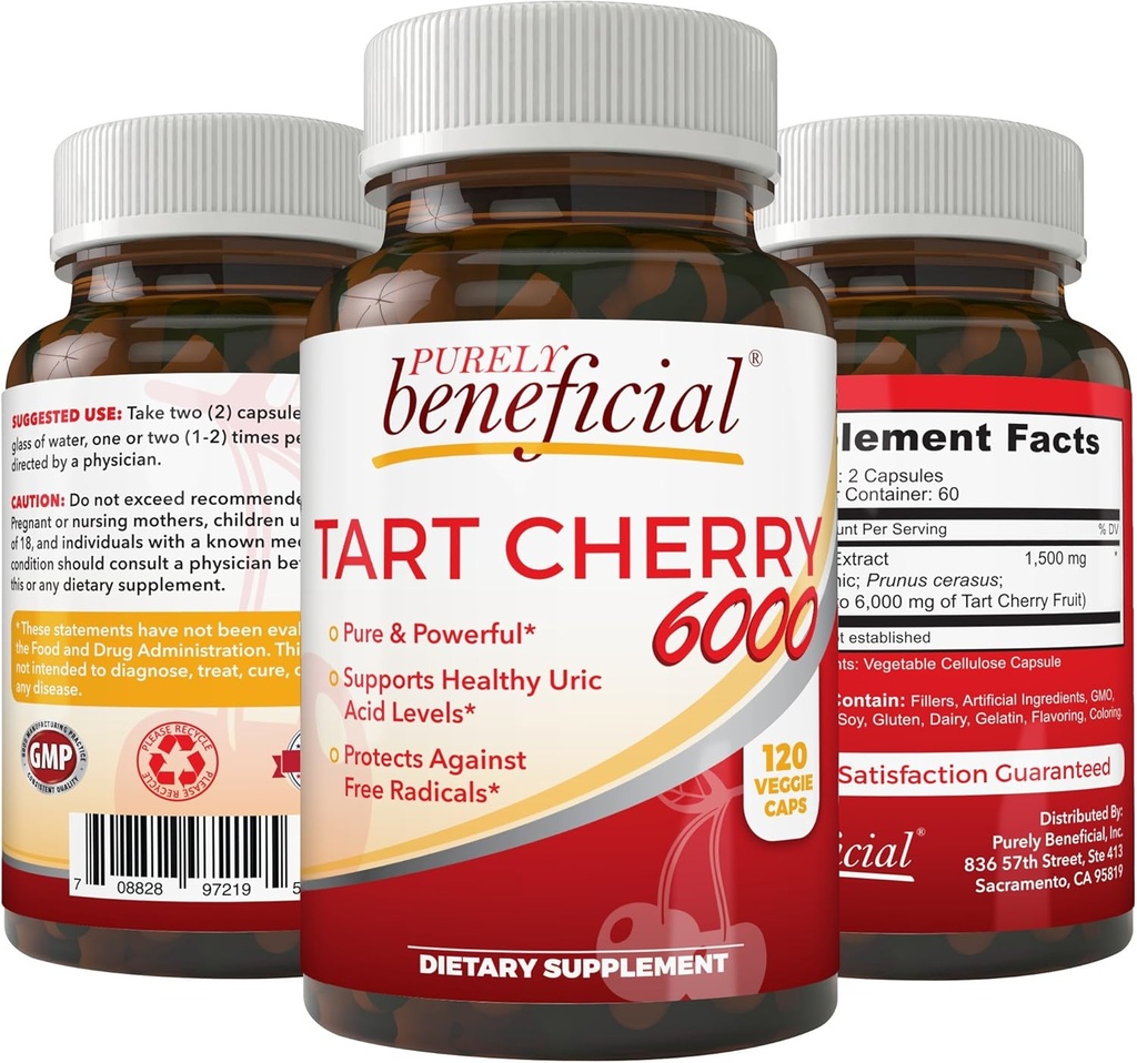 PURELY gavnlig Tart Cherry Kapsler 6000 mg, Ekstra styrke Montmorency Tart Cherry Extract, Urisyre Flush til fælles comfort, Antioxidant & immunforsvar, Non- GMO, Gluten Free, 120 Greve