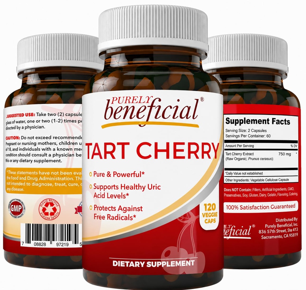 PURELY gavnlig Tart Cherry Kapsler 6000 mg, Ekstra styrke Montmorency Tart Cherry Extract, Urisyre Flush til fælles comfort, Antioxidant & immunforsvar, Non- GMO, Gluten Free, 120 Greve