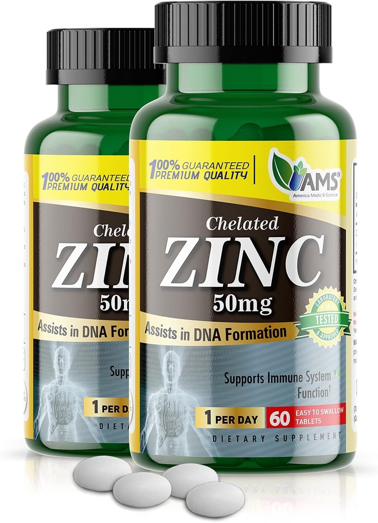 America Medic & Science Chelated Zink 50 mg Kosttilskud (2 pakker med 60 tabletter) Immunbooster og kraftfulde antioxidant piller til voksne mænd og kvinder