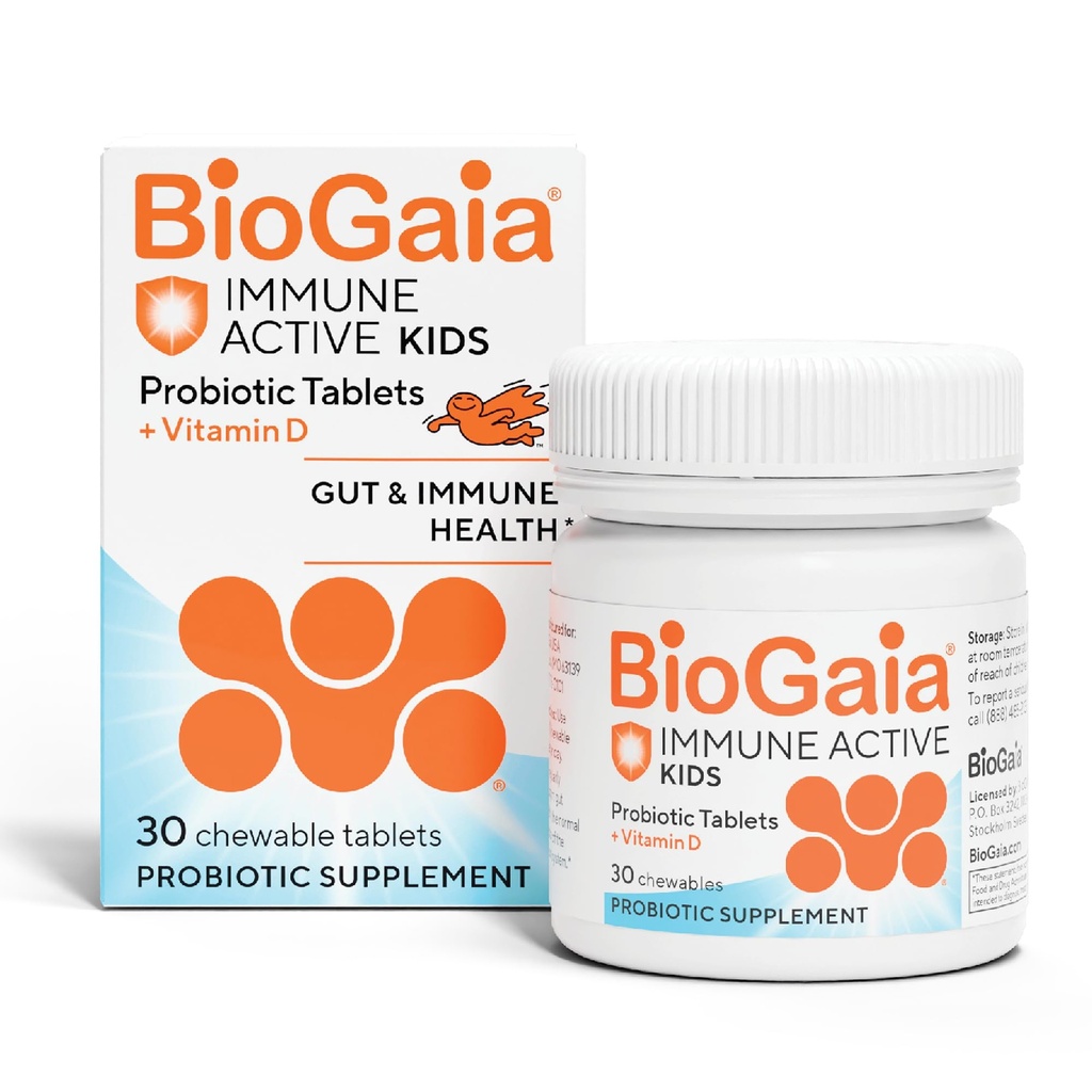BioGaia immun Aktive børn er 124; Probiotisk + D-vitamin er 124; for fordøjelsessygdomme og immunforsvar er 124; alder 3 + 4; Allergen, Dairy, Soy & Gluten Free