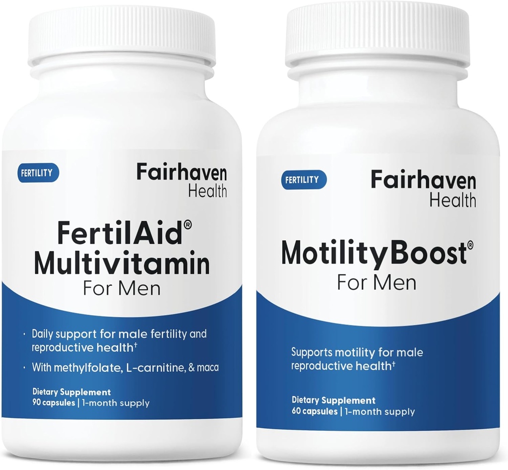 FertilAid til mænd og MotilityBoost Combo, prenatale vitaminer og mandlig fertilitet supplement til støttetælling og motilitet med L- Carnitin, CoQ10, Zink og mere, 150 kapsler, 1 måned Supply