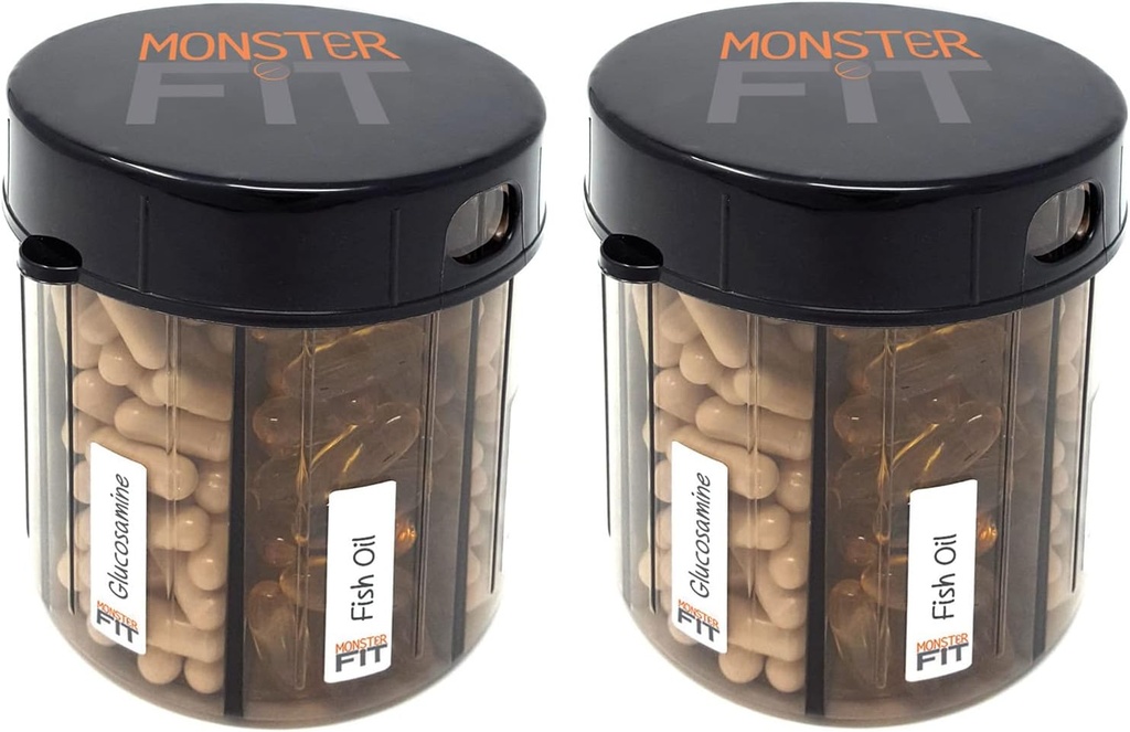 Monster supplement Medication Pill Dispenser med Segment Labels - Ekstra Stor Pill Container Flaske håndterer næsten ethvert tillæg - Let at dispense (Monster Fit - 2 Pack)