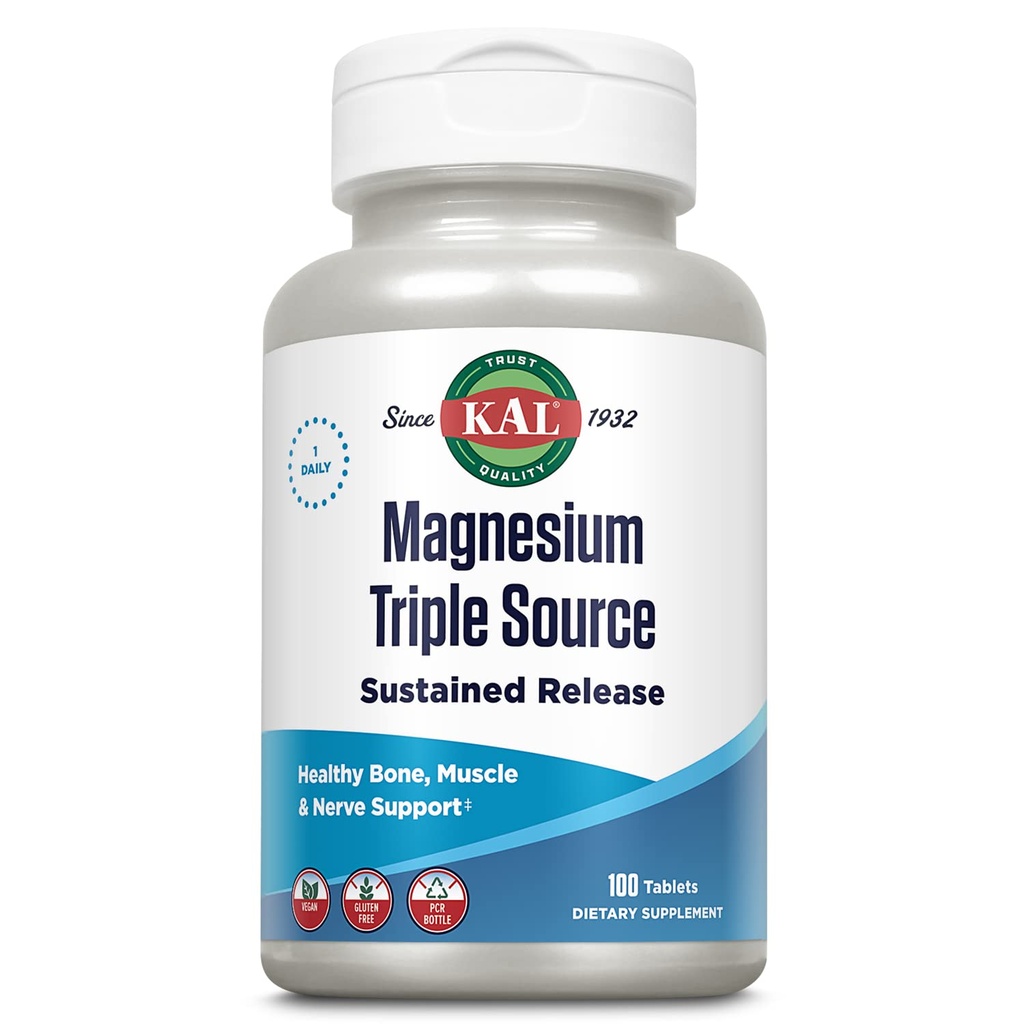 KAL Triple Source Magnesium Complex, Citrate, Malat, Oxide, Sustained Release, Bone, Muscle, Nerve Support, Vegan, Gluten Free, 60- Day Garanti, 100 Servere, 100 Tabs