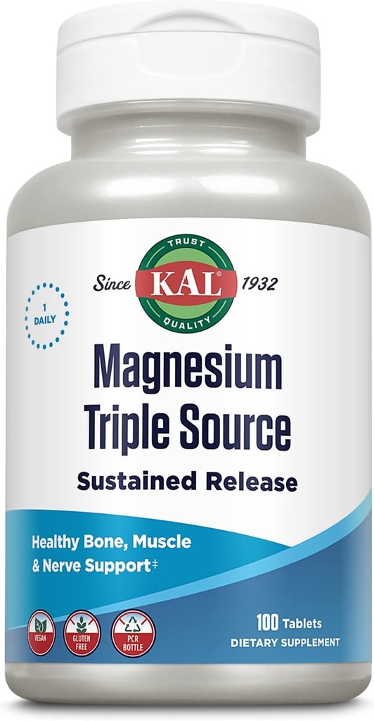 KAL Triple Source Magnesium Complex, Citrate, Malat, Oxide, Sustained Release, Bone, Muscle, Nerve Support, Vegan, Gluten Free, 60- Day Garanti, 100 Servere, 100 Tabs