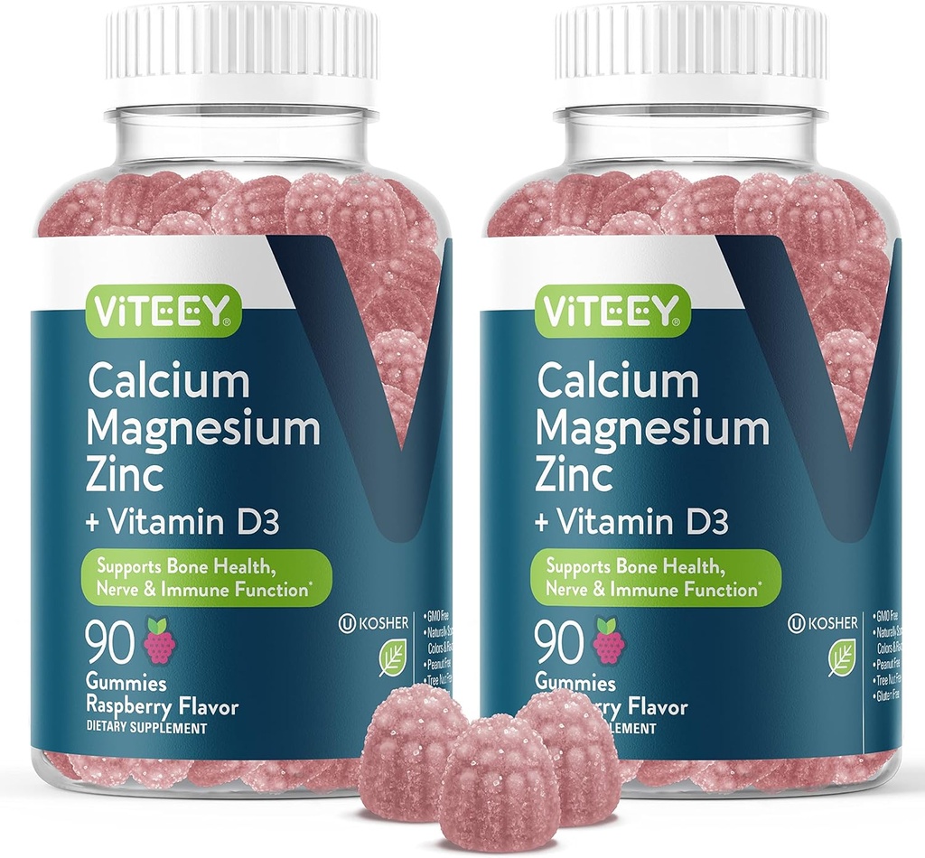 Viteey Calcium Magnesium Zink Gummier med vitamin D3 - Understøtter Bone Sundhed, Nerve & immunfunktion - Calcium Magnesium Zink D3 for voksne & Teens - GMO fri - Chewable Raspberry Flavored Gummy