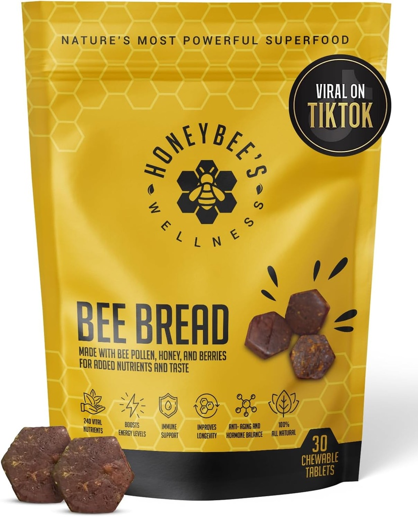Honeybee 's Wellness Bee Brød Natural Multivitamin Superfood Name 124; Bee Pollen, Propolis & Berries, 240 + Nutrients, Aminosyrer, Minerals & Protein for Energy, Immunity & Vitality fra Honningbier