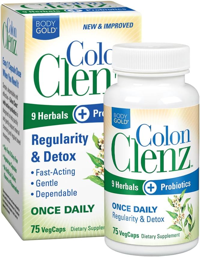 Body Gold Colon Clenz Regularity & Detox Formel 124; En gang daglig støtte med 9 urter + Aktiv Probiotika