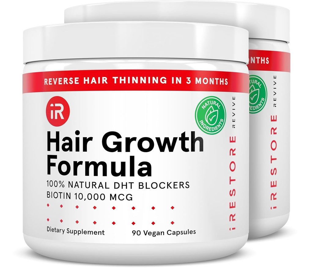 iRestore hårvækst supplement - Natural DHT blockers & Multivitamin Blend - Vegan, non-GMO, 90 kapsler - Understøtter Thicker, stærkere hår til mænd og kvinder - 2 - Pack